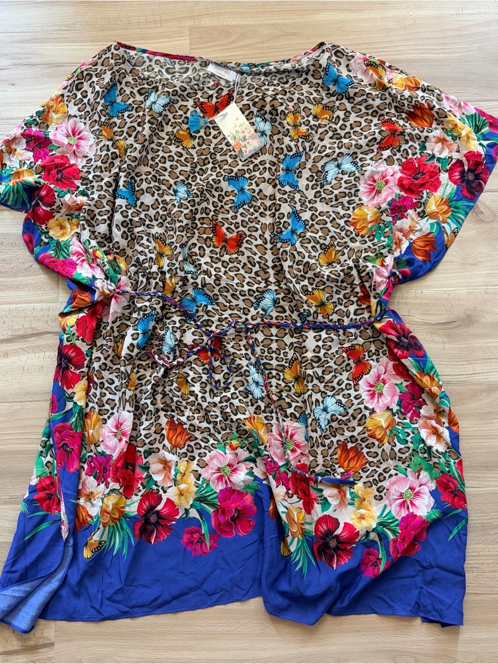 NWT Johnny Was Fleur Kaftan Dress 2X Braided Tie Belt Cheetah Print Butterfly